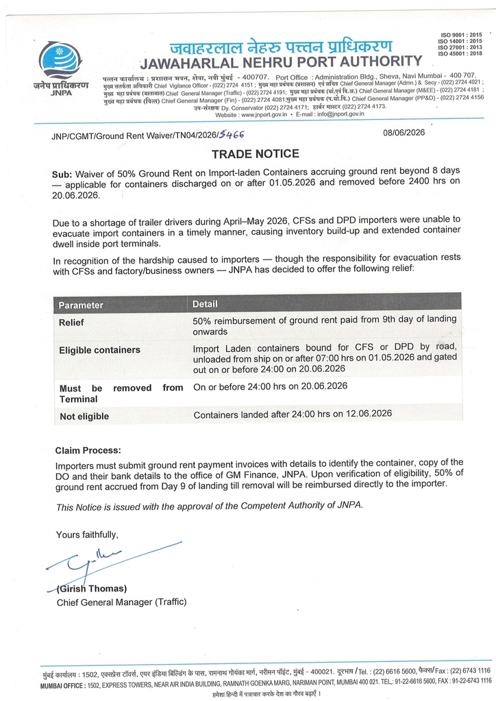 JNPA Announces 50% Ground Rent Reimbursement for Import Containers Delayed Beyond Eight Days Maritime News