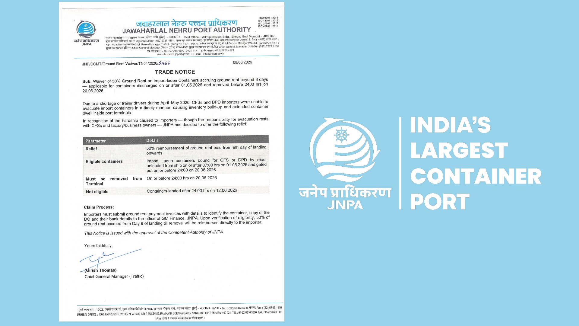 Import containers at JNPA eligible for 50 percent ground rent reimbursement after extended dwell time Maritime News