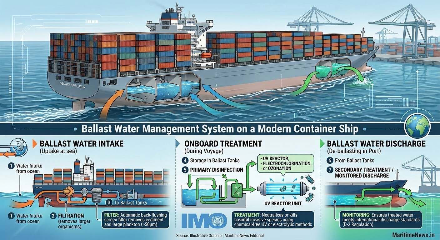 Modern cargo ship equipped with a ballast water treatment system complying with the IMO Ballast Water Management Convention Maritime News