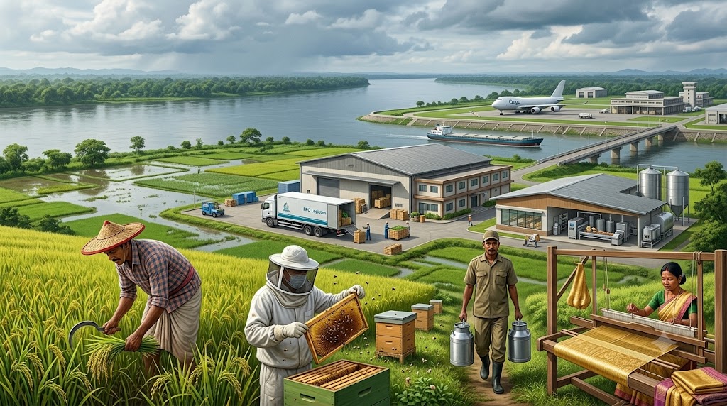 Farmer harvesting Joha rice in Assam with floodplain, logistics infrastructure and export transportation representing climate-resilient agricultural exports Maritime News