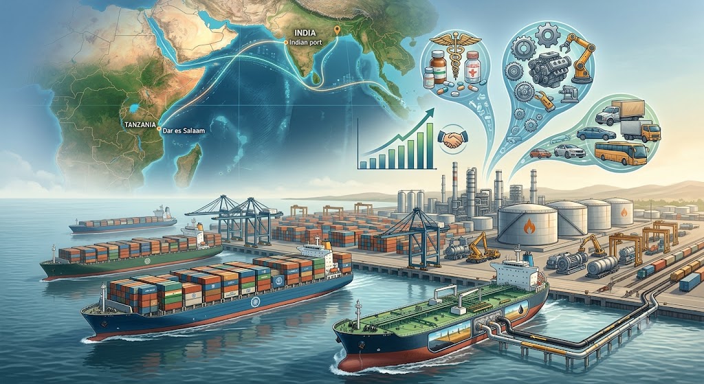 Container vessels and petroleum exports illustrating India's growing trade with Tanzania Maritime News