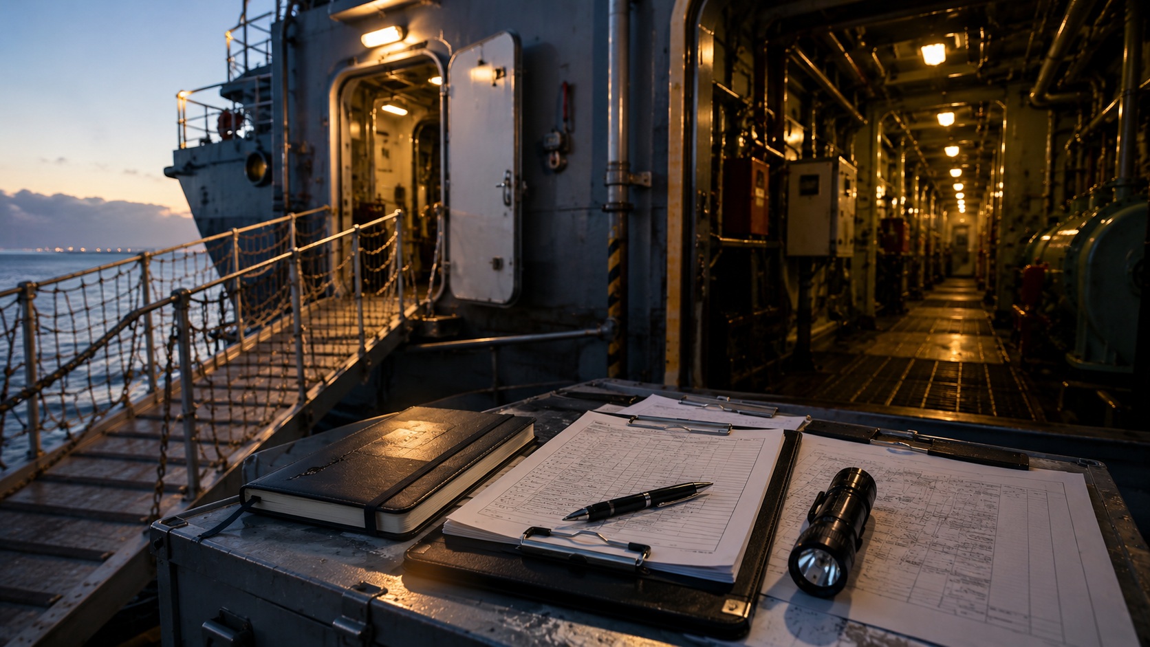 Merchant vessel gangway and engineering documents representing first observations onboard