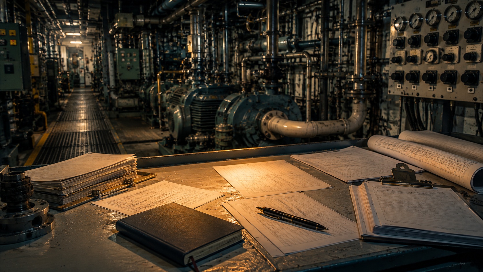 Merchant vessel engine room with maintenance records and engineering equipment
