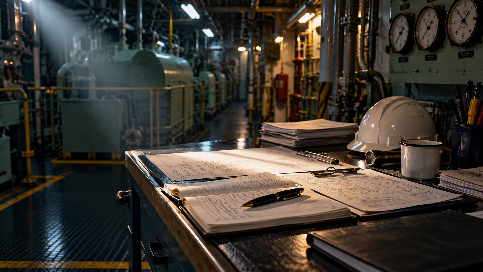 Engine room maintenance documents representing The Cost of Silence, Maritime News Dossier 001