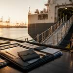 Seafarer joining documents and merchant vessel gangway representing professional expectations before boarding