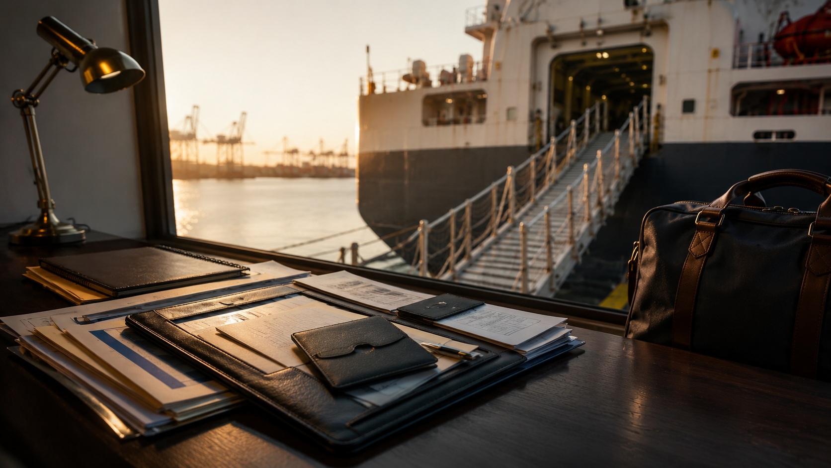 Seafarer joining documents and merchant vessel gangway representing professional expectations before boarding