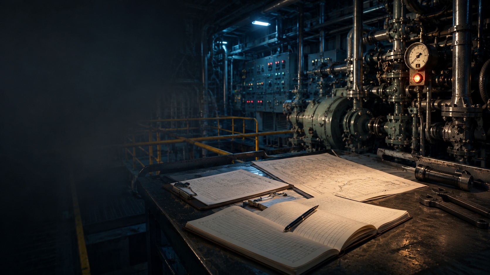 Merchant vessel engine room and maintenance records representing maritime safety and maintenance culture