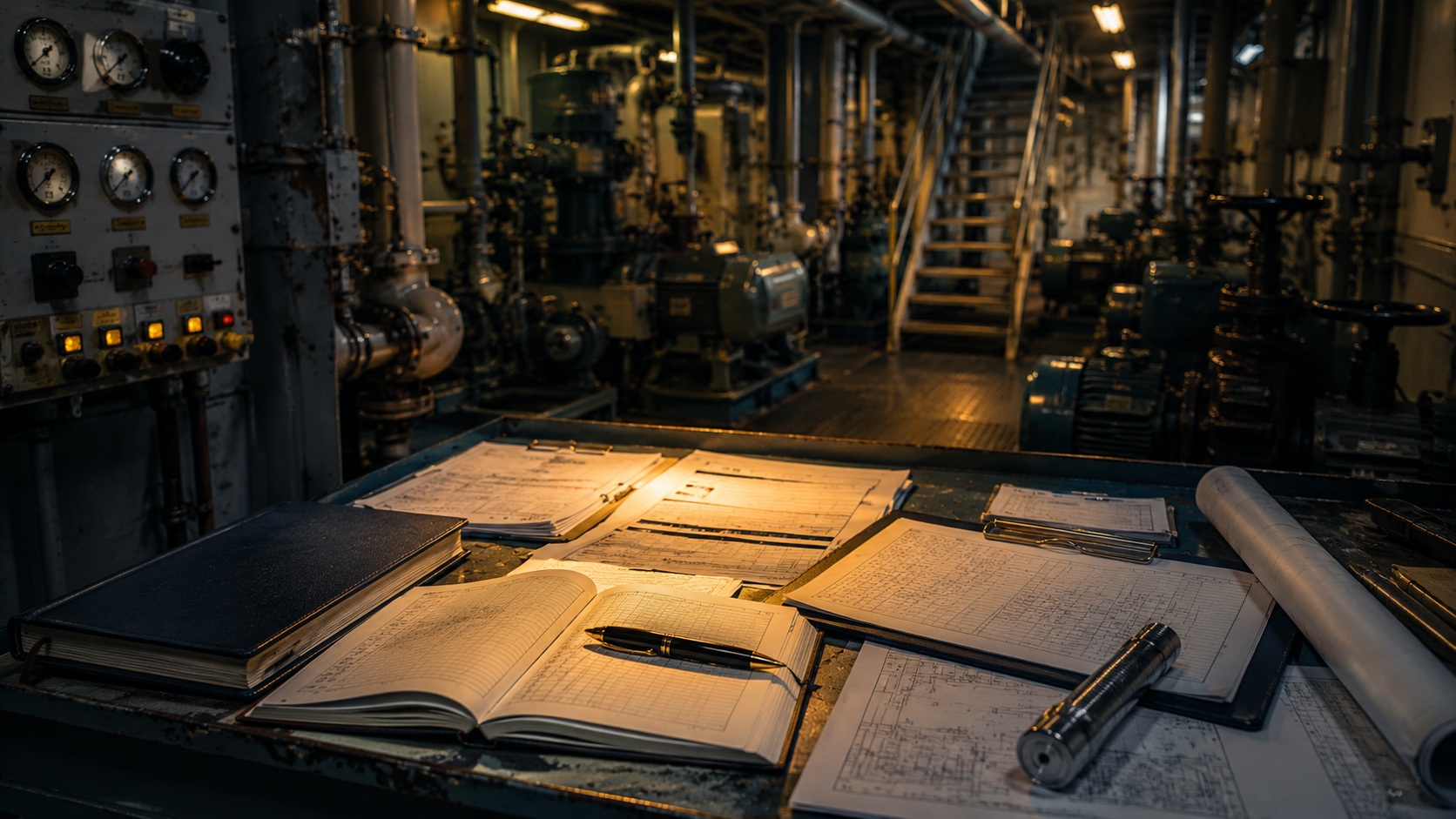 Maritime maintenance records and engineering documents representing internal reporting