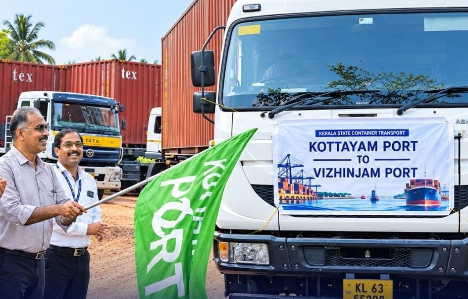 Truck carrying first container from Kottayam Port to Vizhinjam Port Maritime News